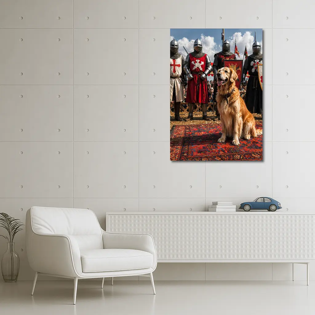 Golden Retriever Sitting Among Medieval Knights – Wall Art