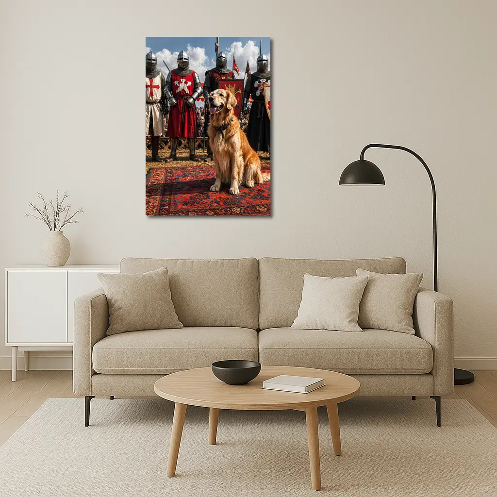 Golden Retriever Sitting Among Medieval Knights – Wall Art