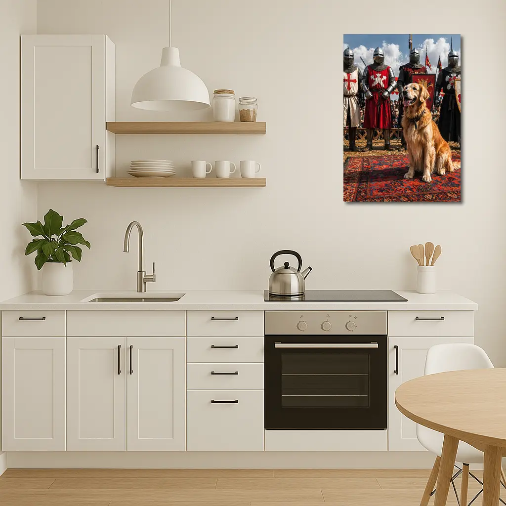 Golden Retriever Sitting Among Medieval Knights – Wall Art