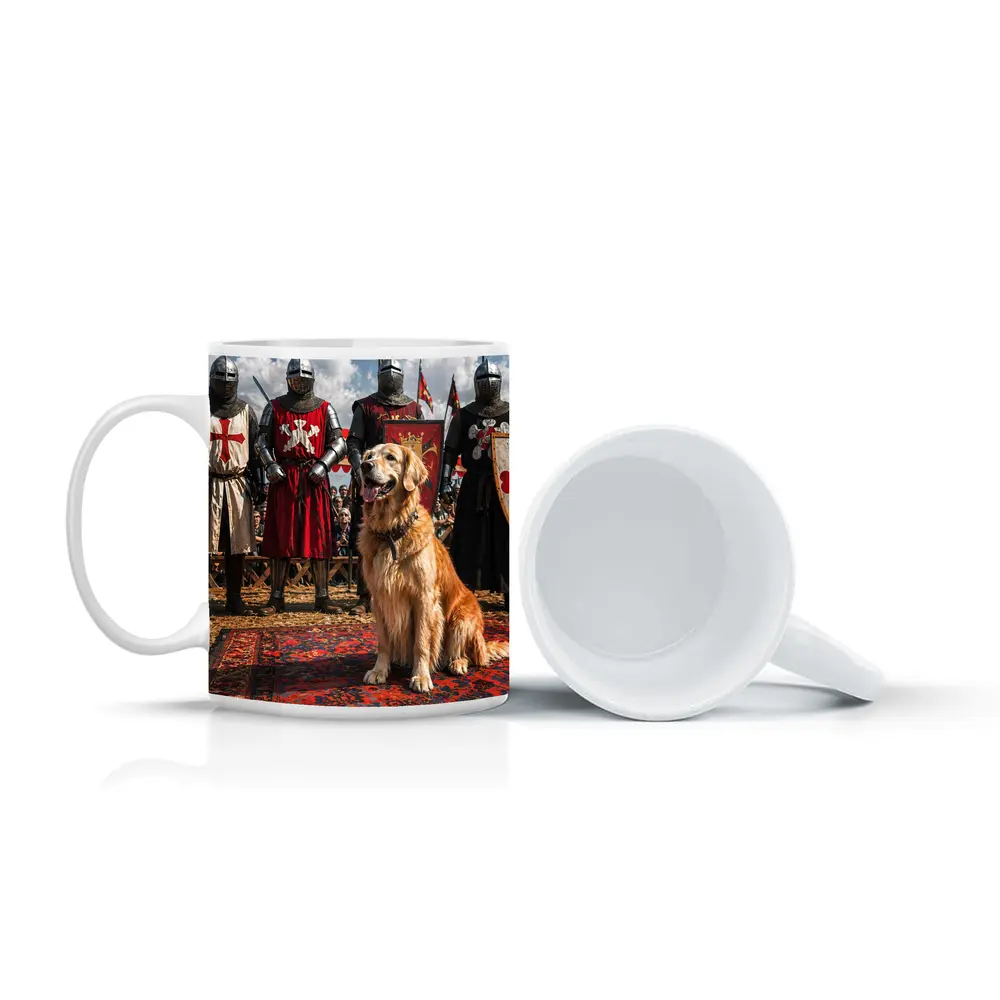 Golden Retriever Sitting Among Medieval Knights – Mugs