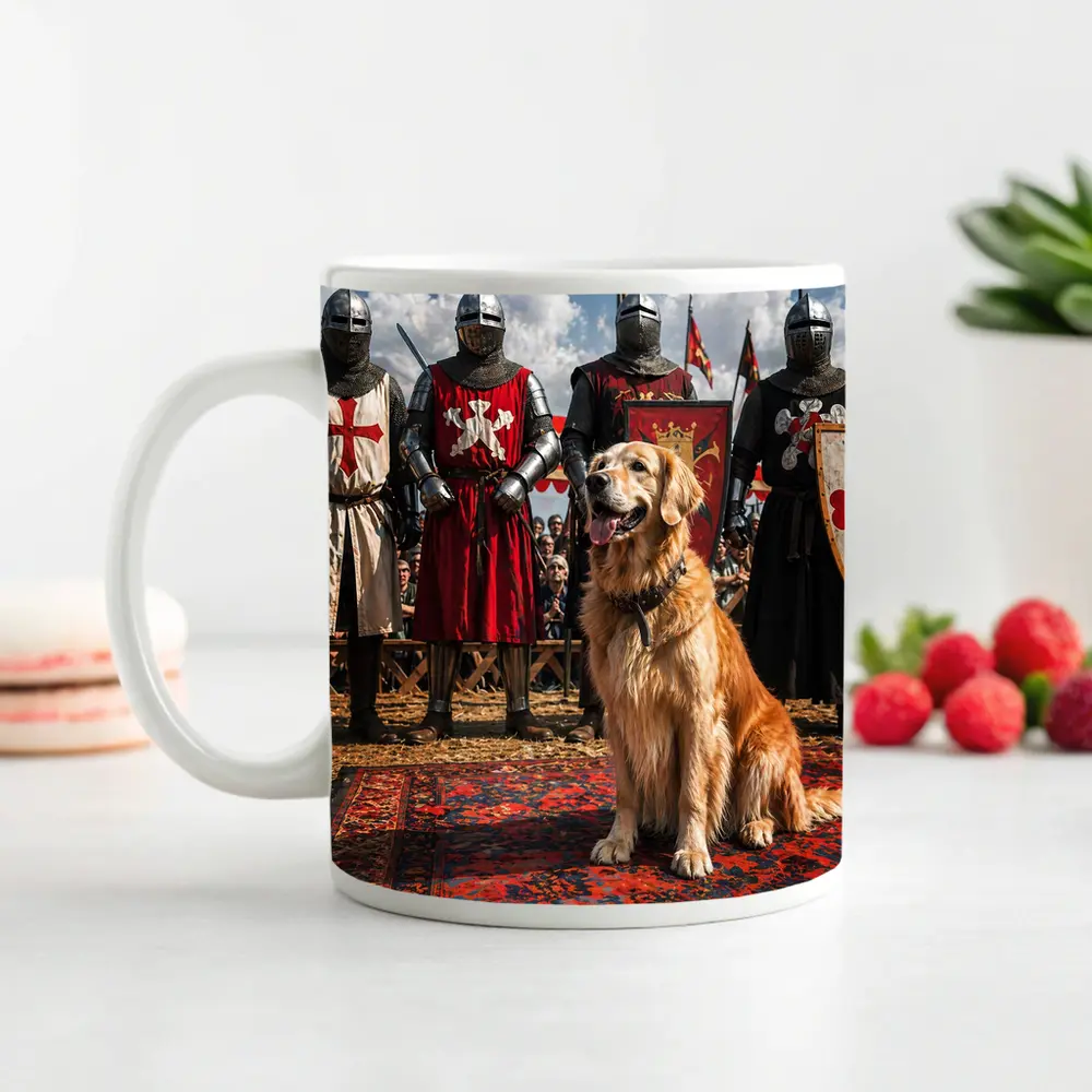 Golden Retriever Sitting Among Medieval Knights – Mugs