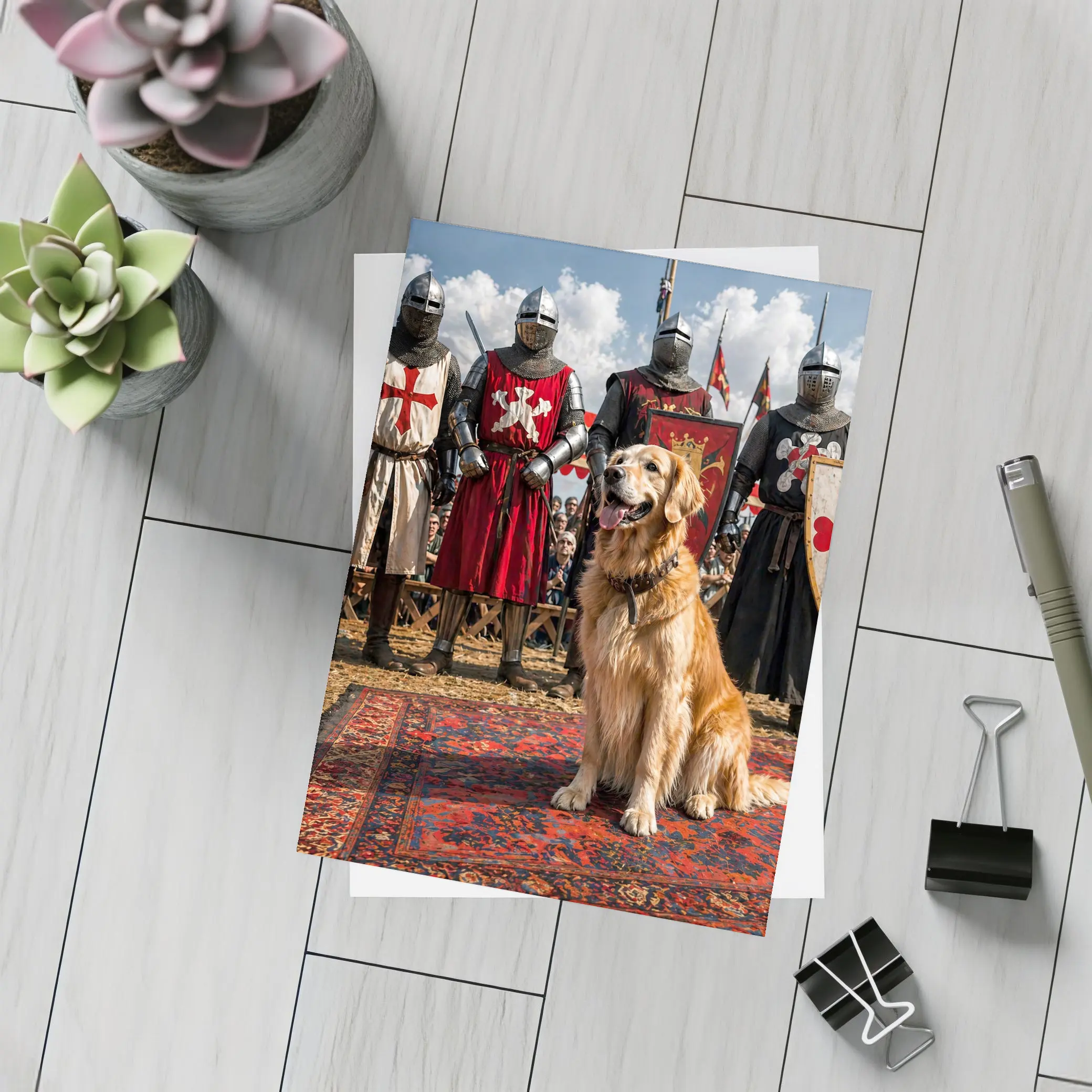 Golden Retriever Sitting Among Medieval Knights – Postcards