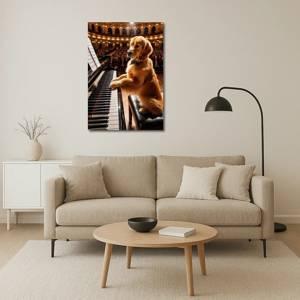 Golden Retriever Playing Piano Concert Hall – Wall Art