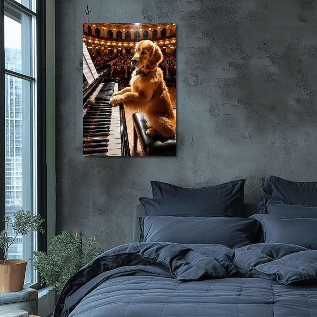 Golden Retriever Playing Piano Concert Hall – Wall Art