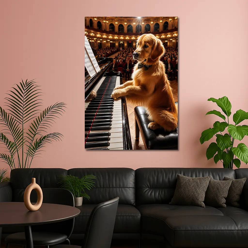 Golden Retriever Playing Piano Concert Hall – Wall Art