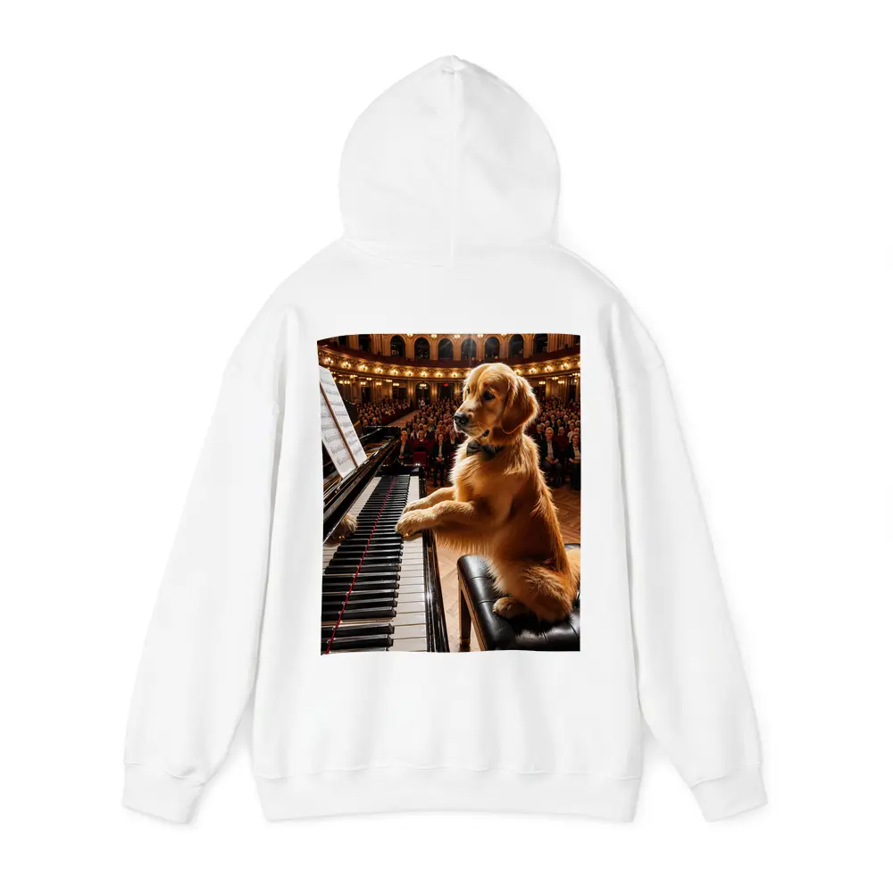 Golden Retriever Playing Piano Concert Hall – Hoodies