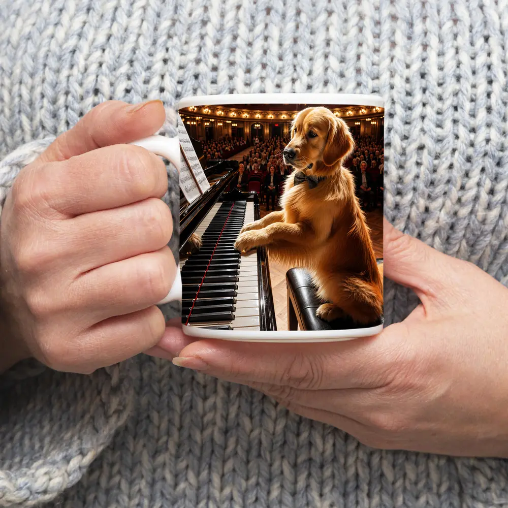 Golden Retriever Playing Piano Concert Hall – Mugs