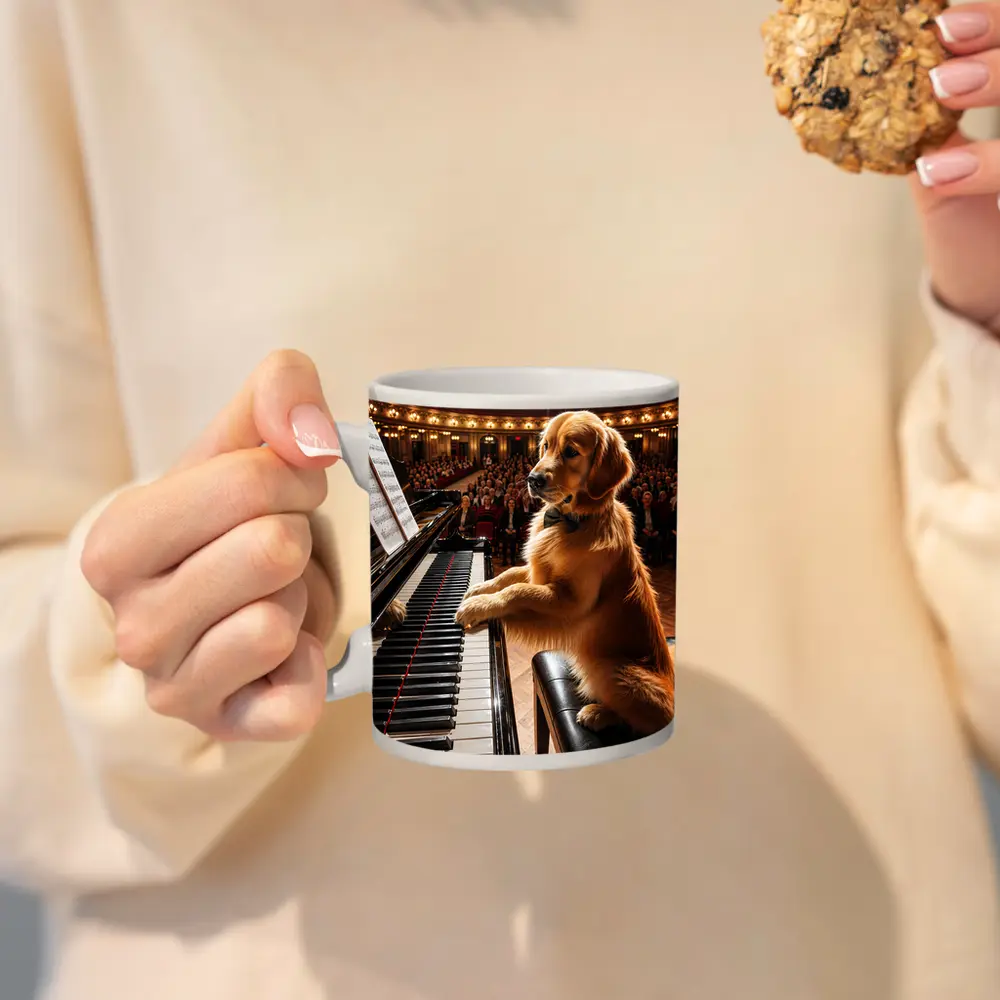 Golden Retriever Playing Piano Concert Hall – Mugs
