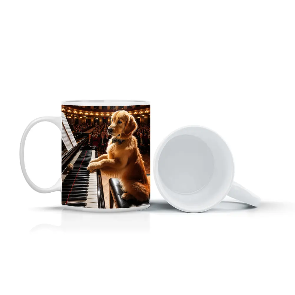 Golden Retriever Playing Piano Concert Hall – Mugs