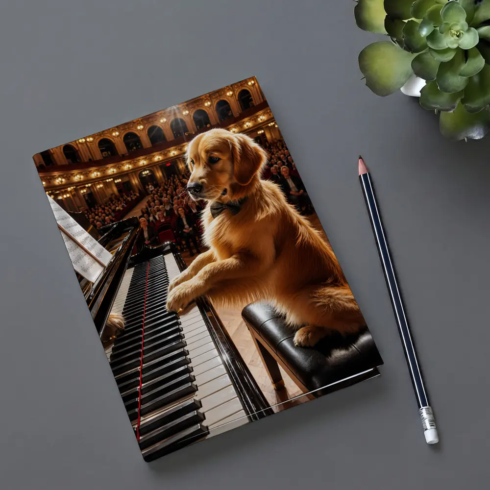 Golden Retriever Playing Piano Concert Hall – Notebooks
