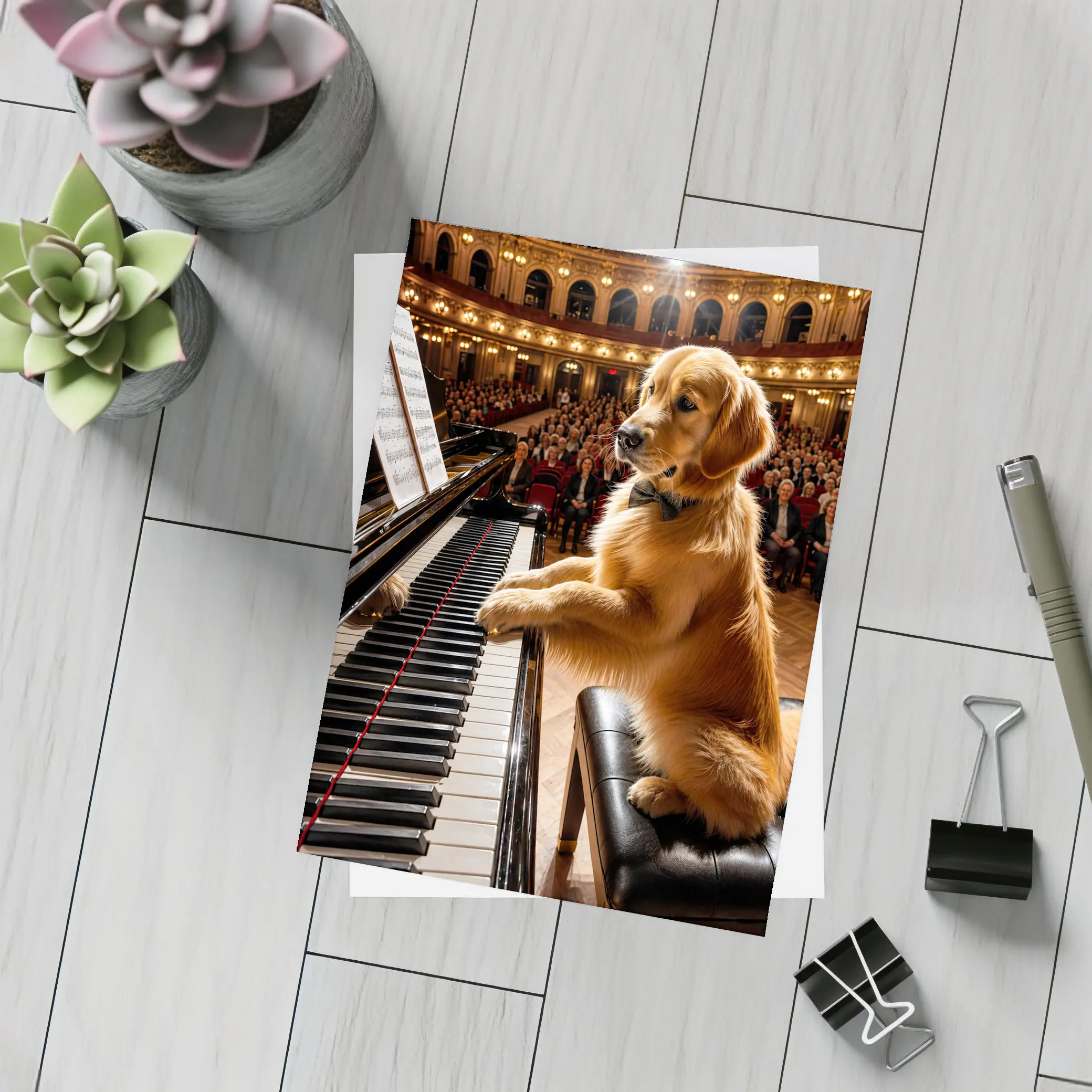 Golden Retriever Playing Piano Concert Hall – Postcards