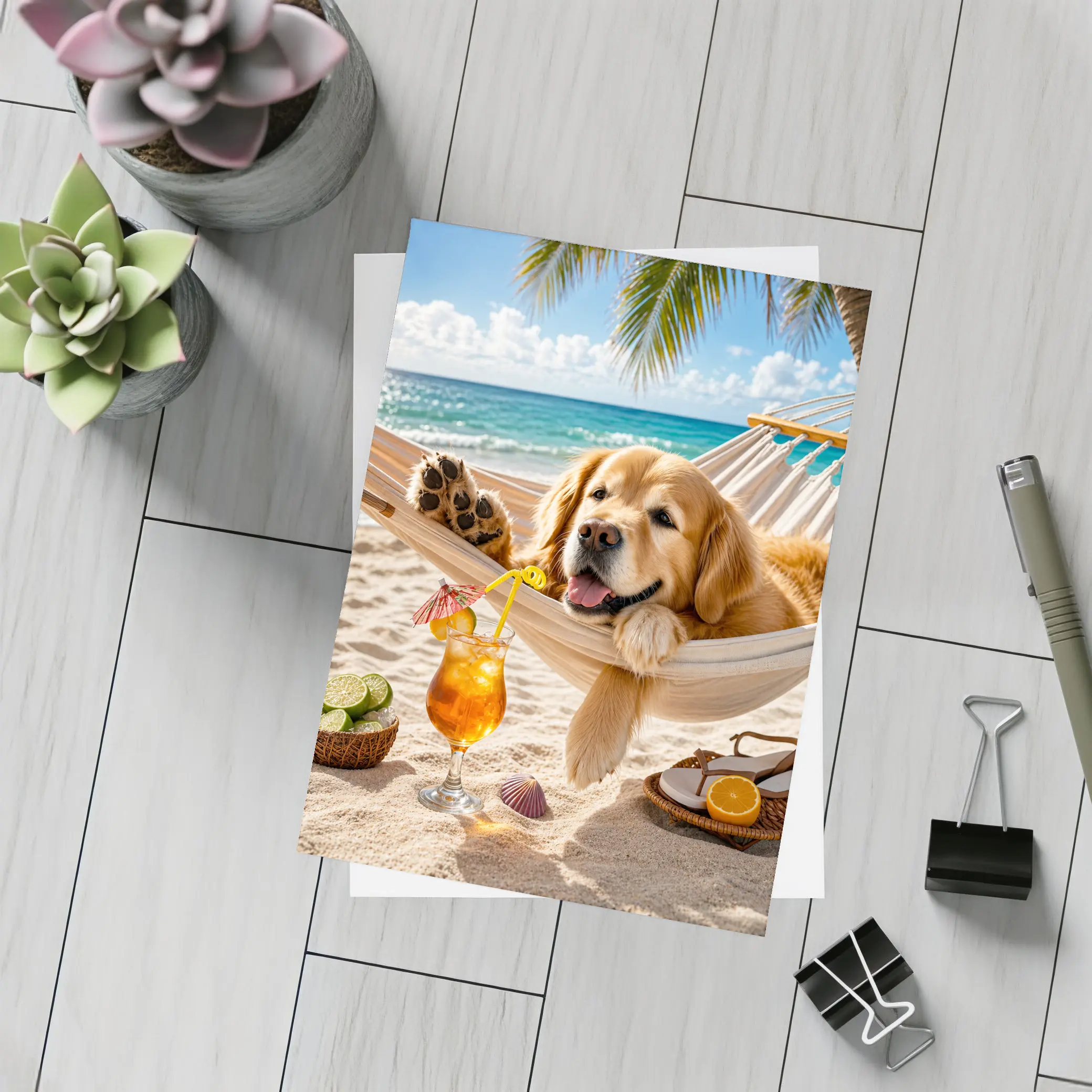 Golden Retriever Relaxing Beach Hammock Summer – Postcards