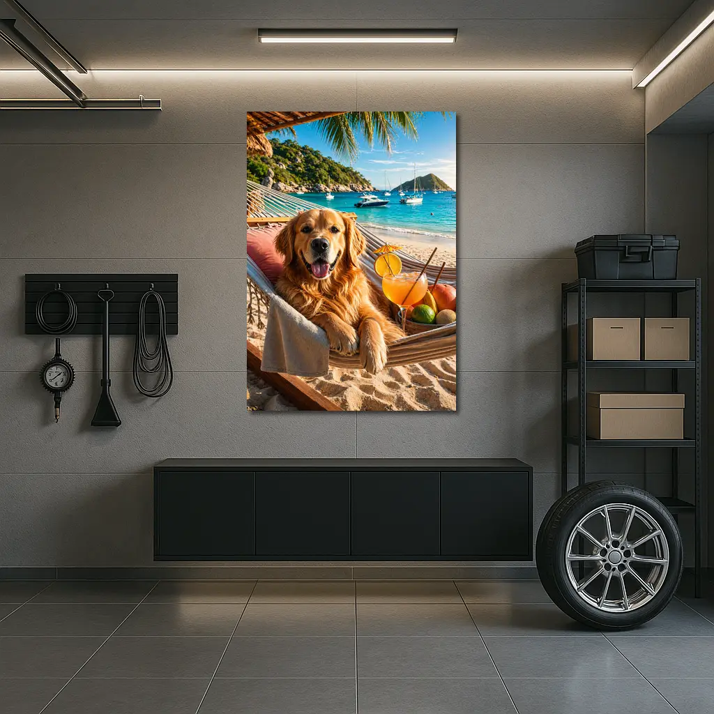 Golden Retriever Relaxing on Beach Hammock – Wall Art