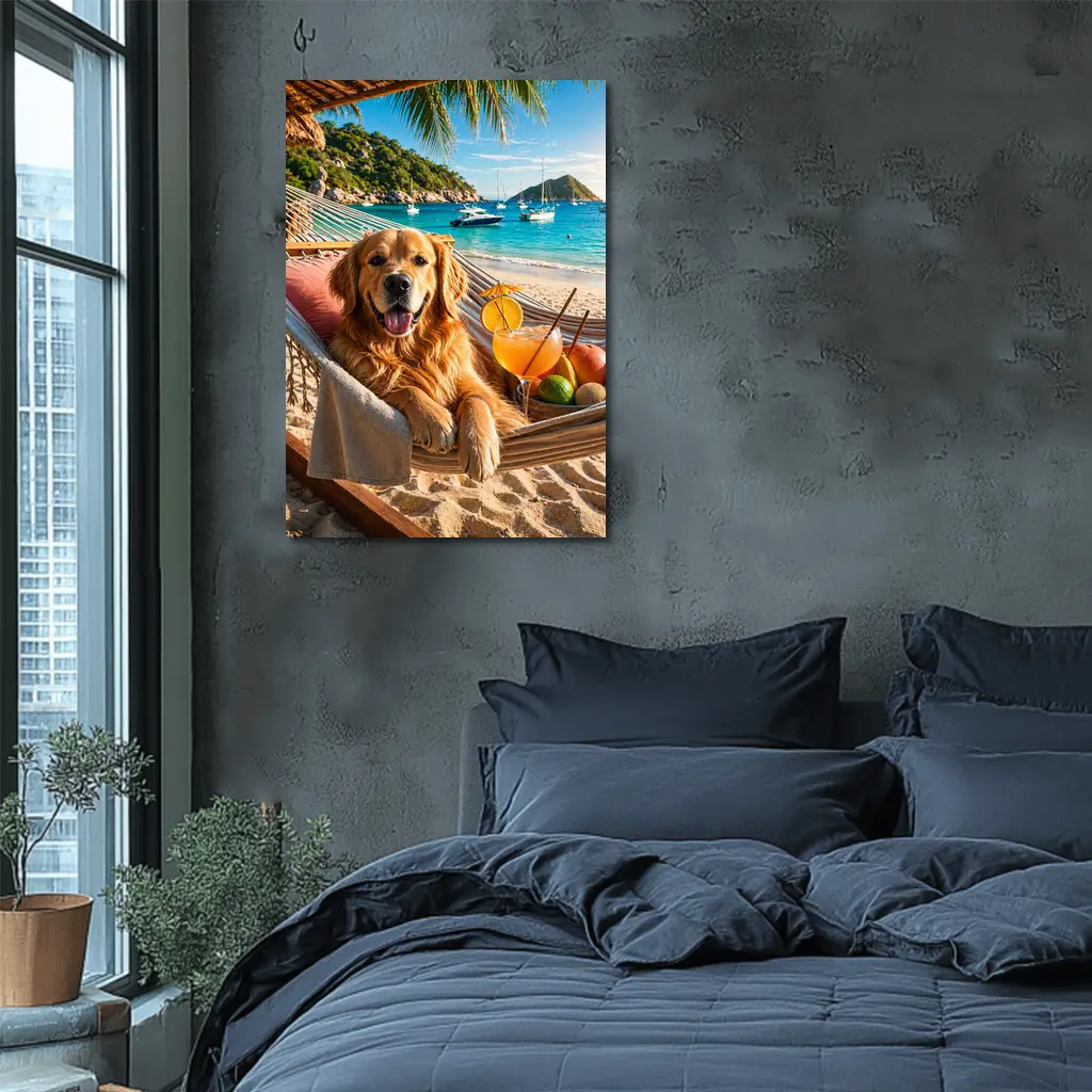 Golden Retriever Relaxing on Beach Hammock – Wall Art