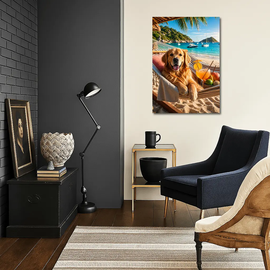 Golden Retriever Relaxing on Beach Hammock – Wall Art