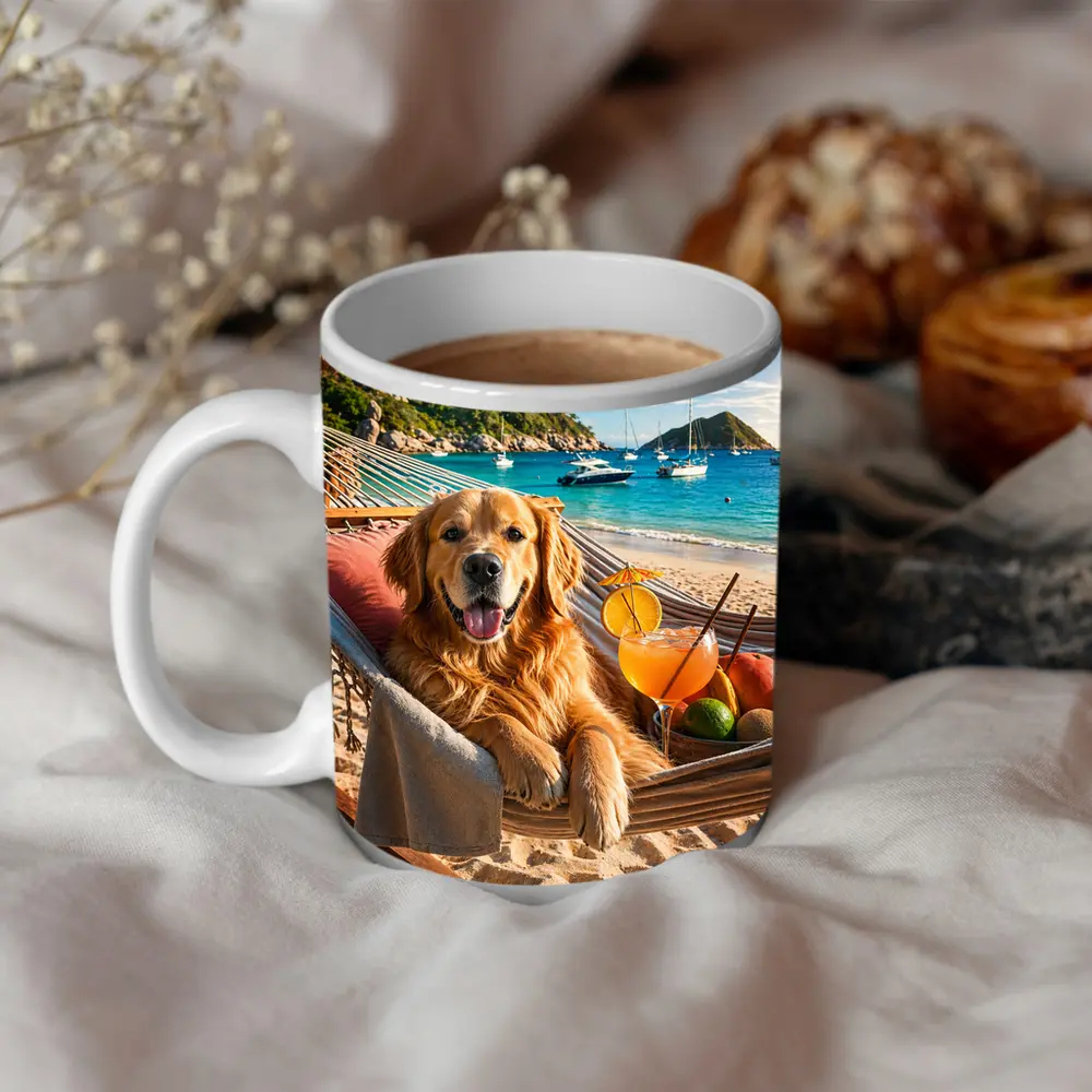 Golden Retriever Relaxing on Beach Hammock – Mugs