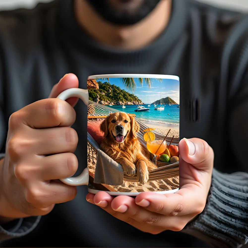 Golden Retriever Relaxing on Beach Hammock – Mugs