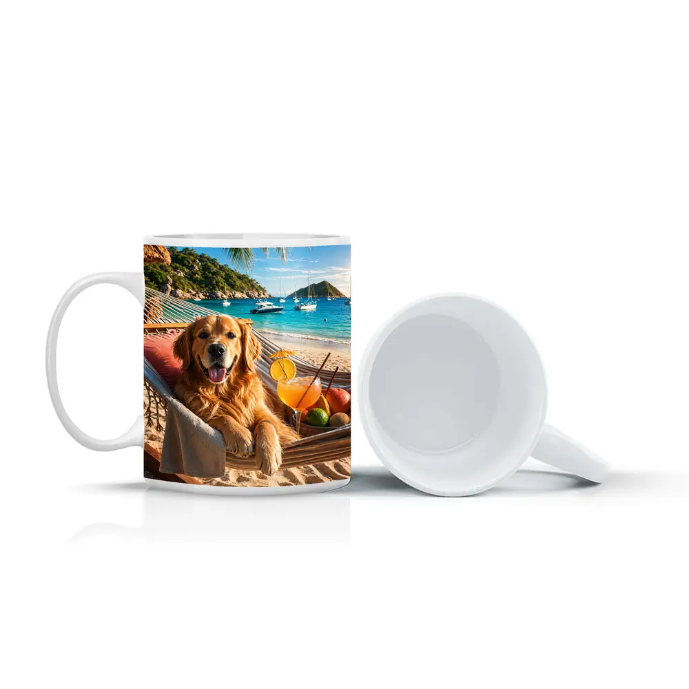 Golden Retriever Relaxing on Beach Hammock – Mugs