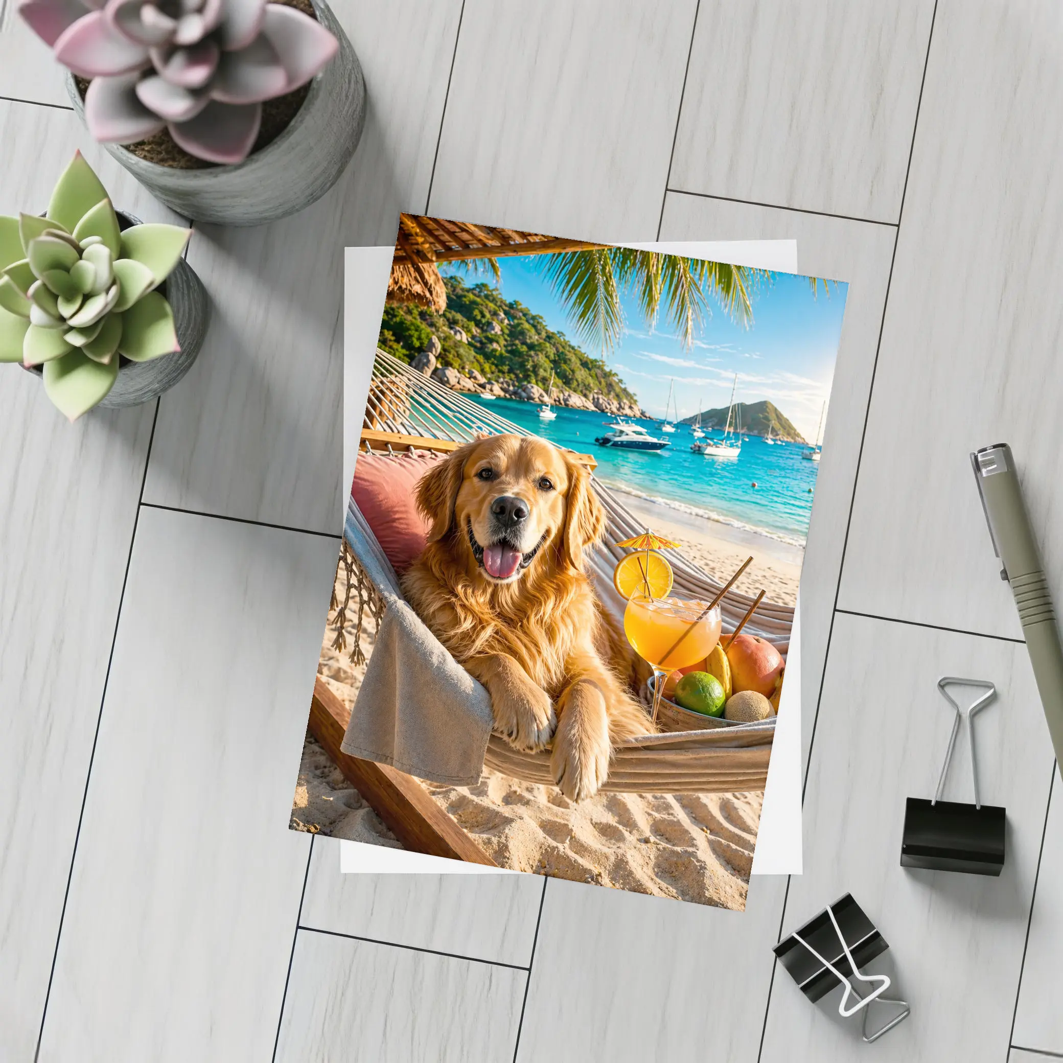 Golden Retriever Relaxing on Beach Hammock – Postcards
