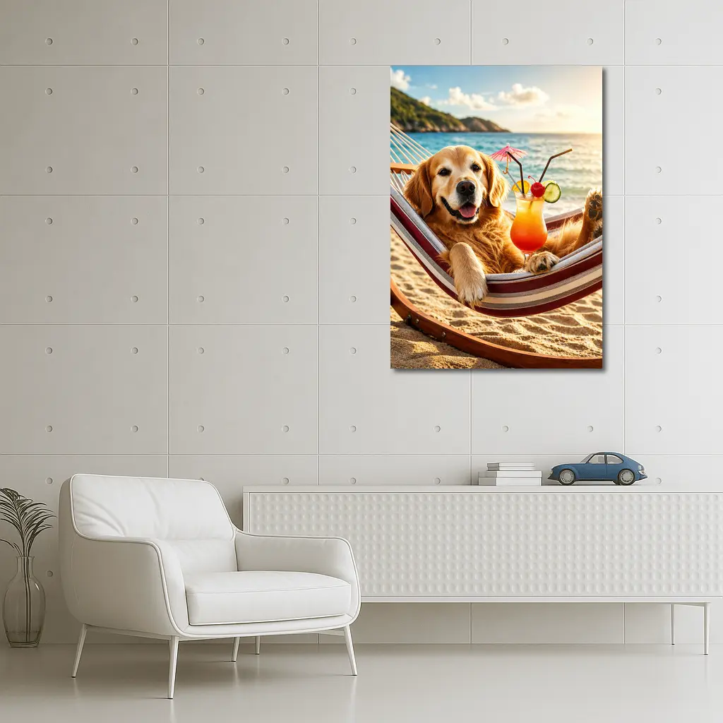 Golden Retriever Relaxing Beach Hammock Tropical Cocktail – Wall Art