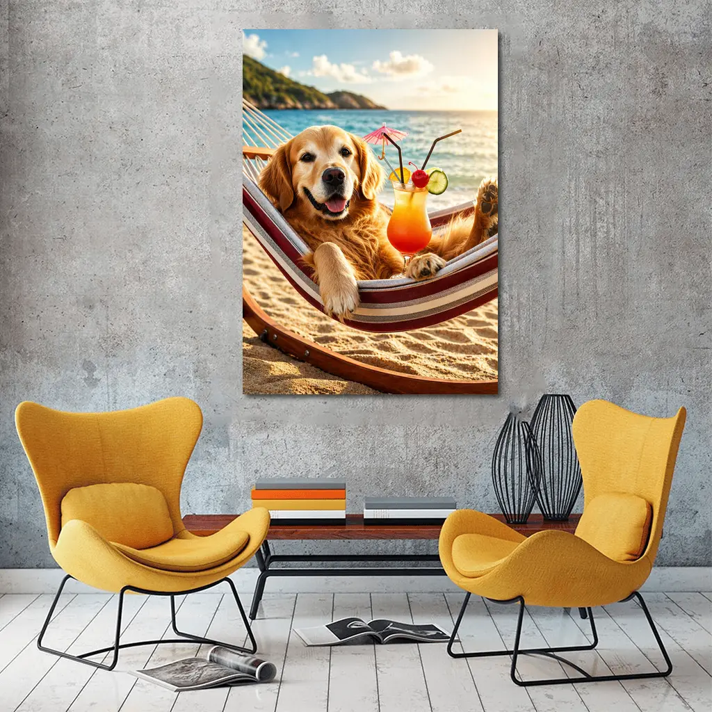 Golden Retriever Relaxing Beach Hammock Tropical Cocktail – Wall Art