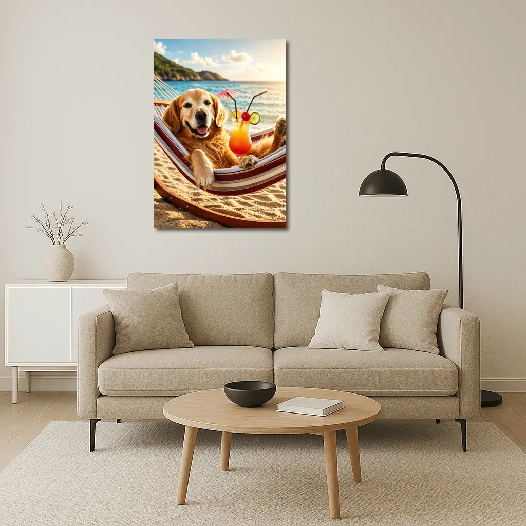Golden Retriever Relaxing Beach Hammock Tropical Cocktail – Wall Art