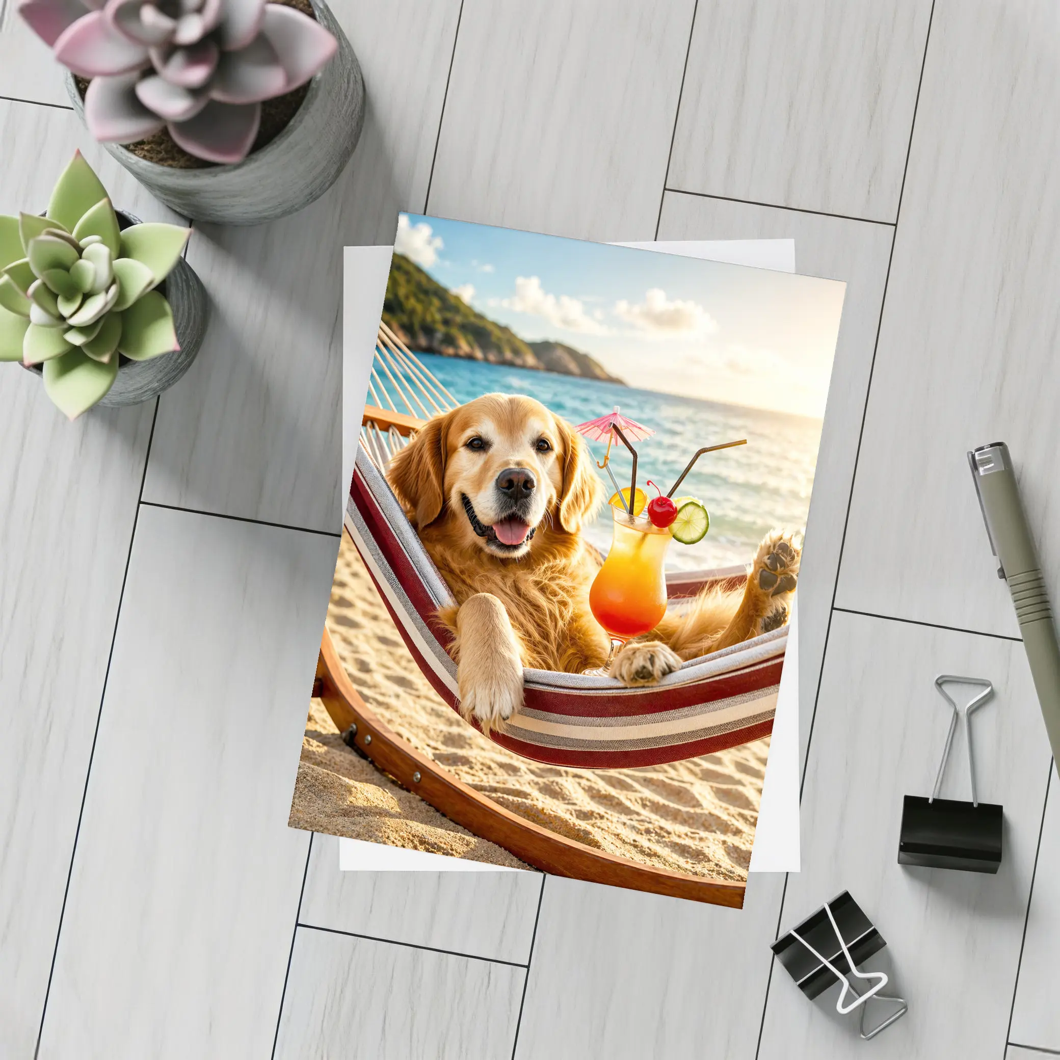 Golden Retriever Relaxing Beach Hammock Tropical Cocktail – Postcards