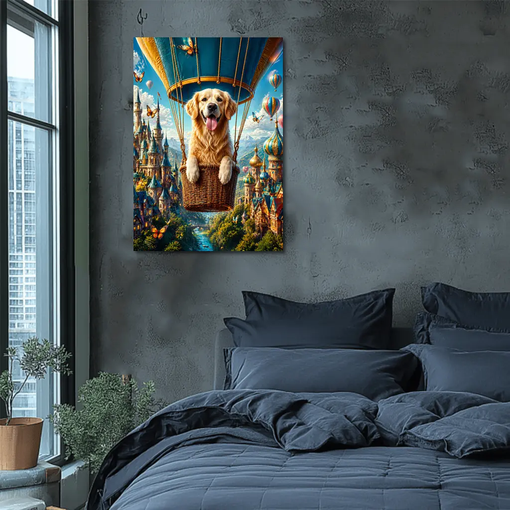 Golden Retriever Hot Air Balloon Fantasy Castle – Wall Art