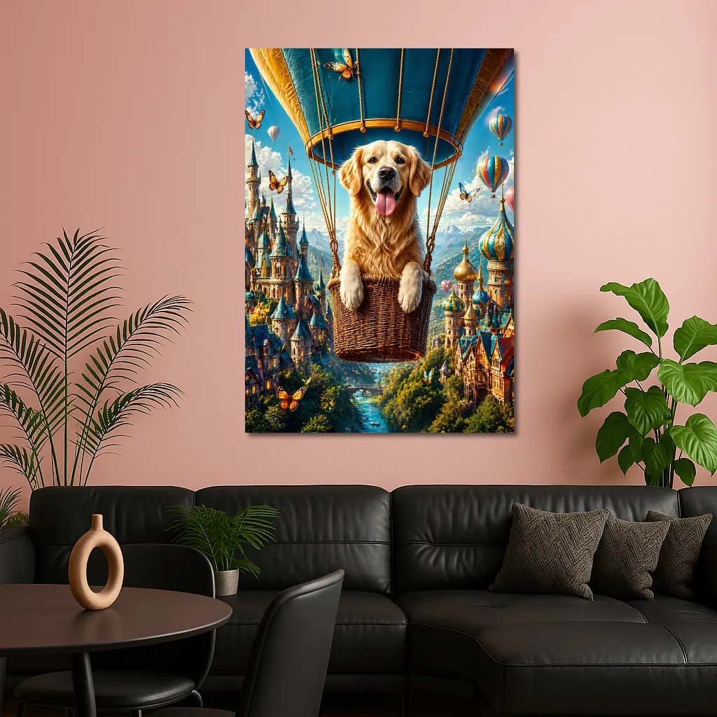 Golden Retriever Hot Air Balloon Fantasy Castle – Wall Art
