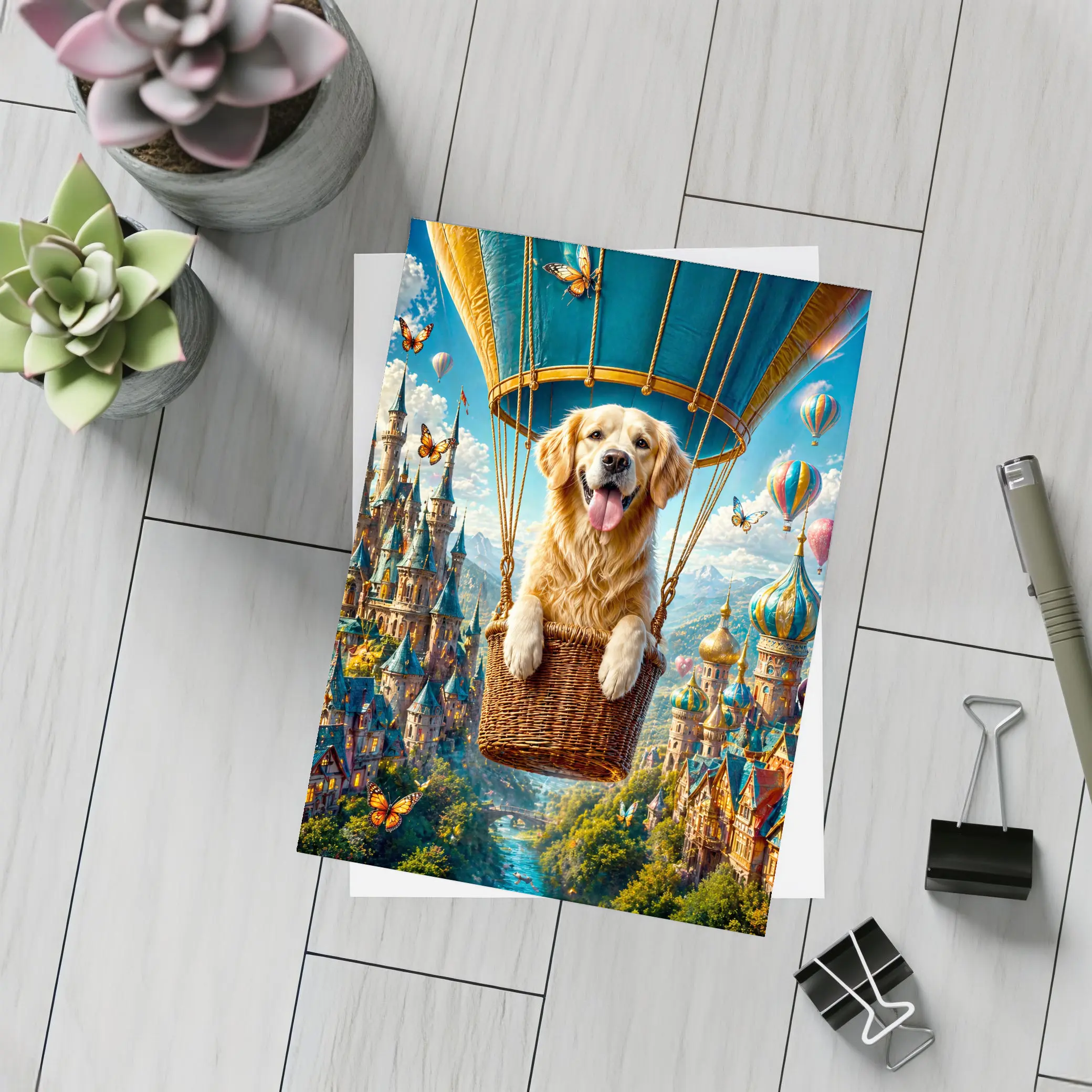 Golden Retriever Hot Air Balloon Fantasy Castle – Postcards
