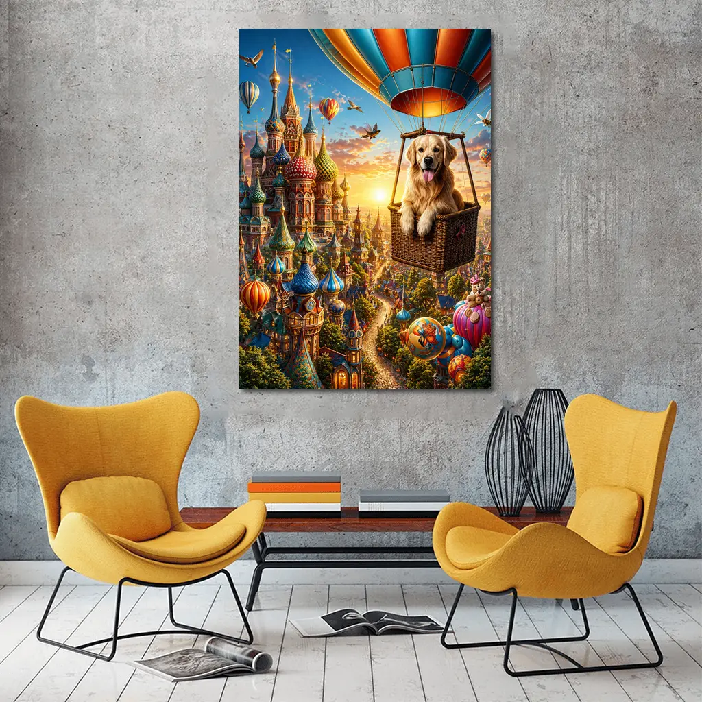 Golden Retriever Hot Air Balloon Fairytale City – Wall Art