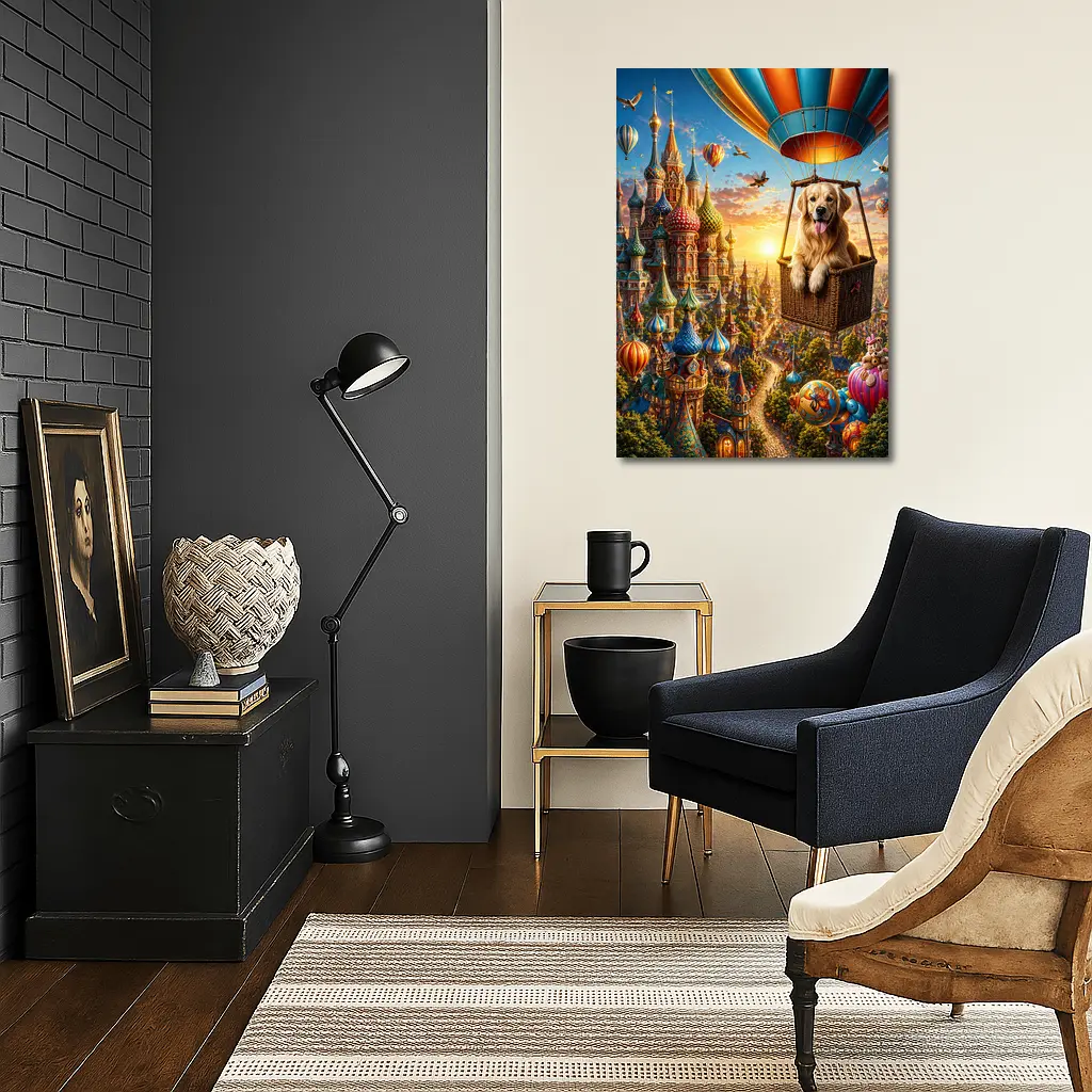 Golden Retriever Hot Air Balloon Fairytale City – Wall Art