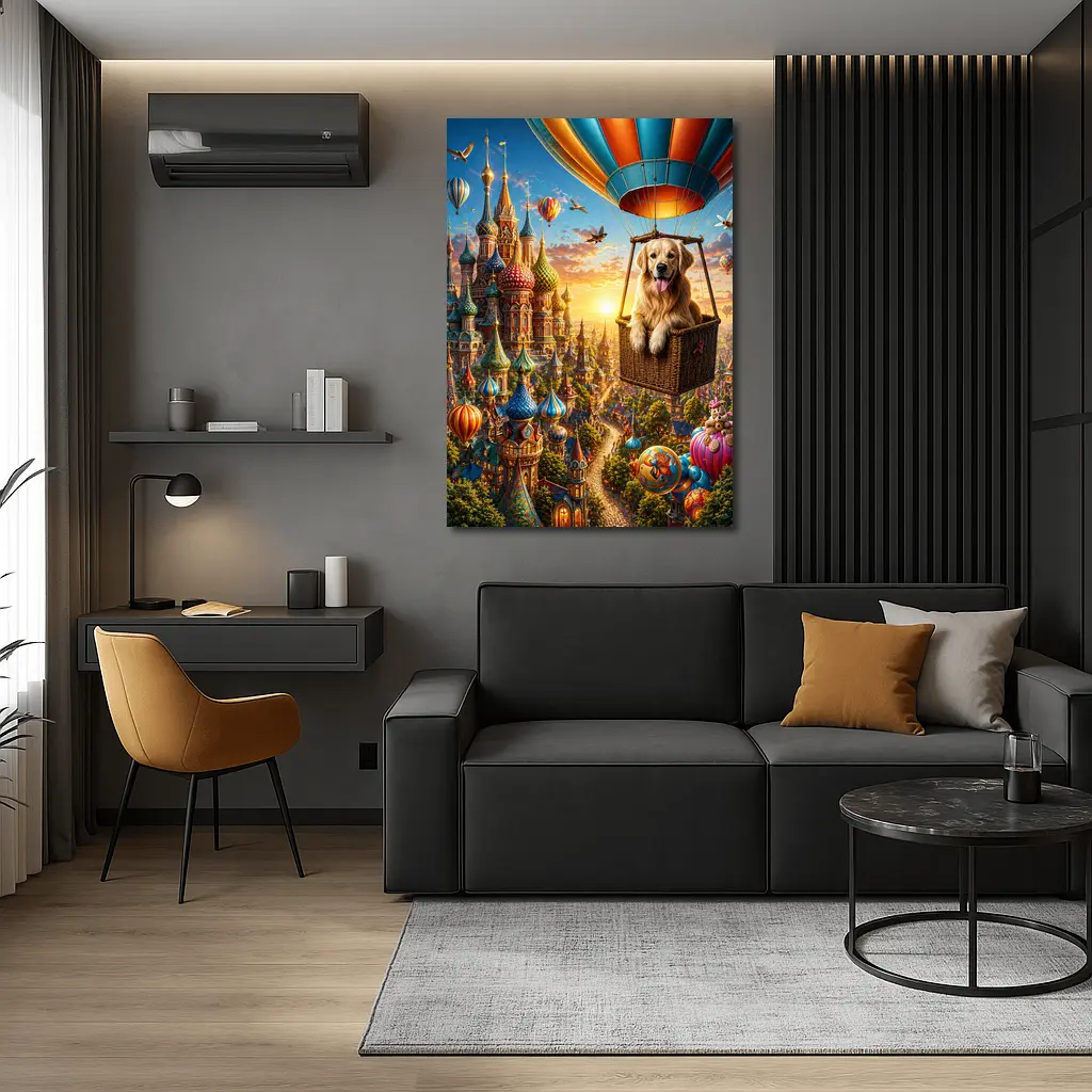 Golden Retriever Hot Air Balloon Fairytale City – Wall Art