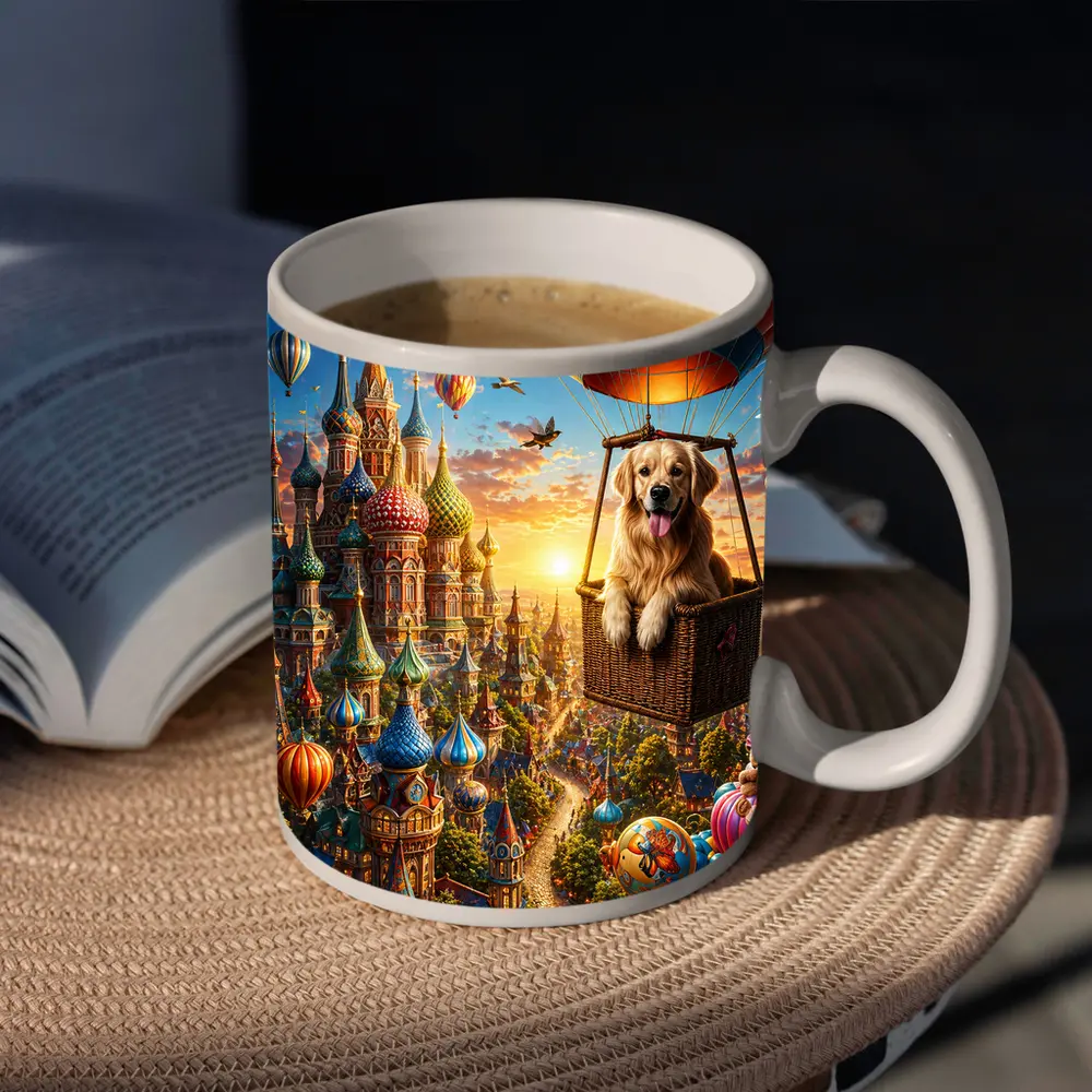 Golden Retriever Hot Air Balloon Fairytale City – Mugs