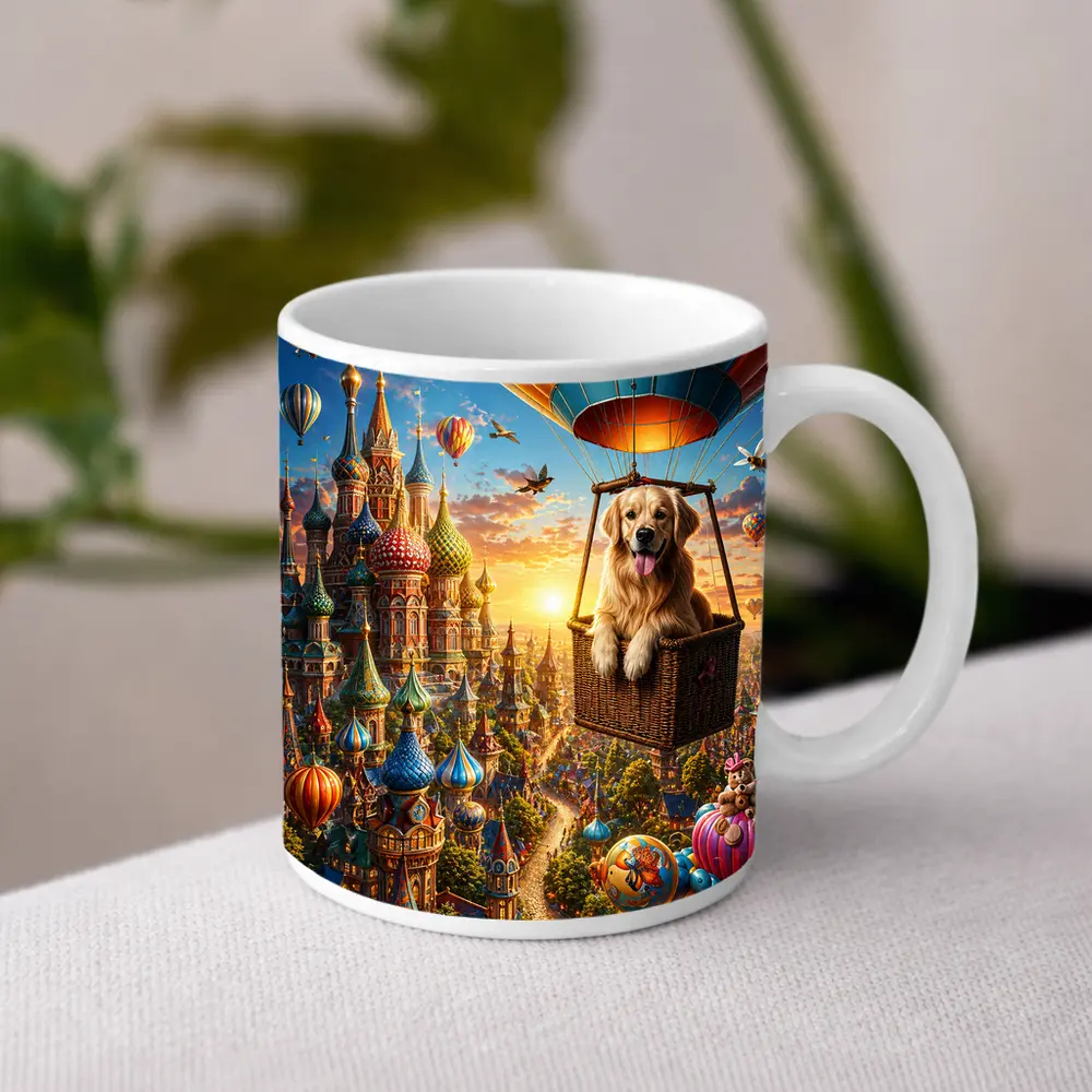 Golden Retriever Hot Air Balloon Fairytale City – Mugs