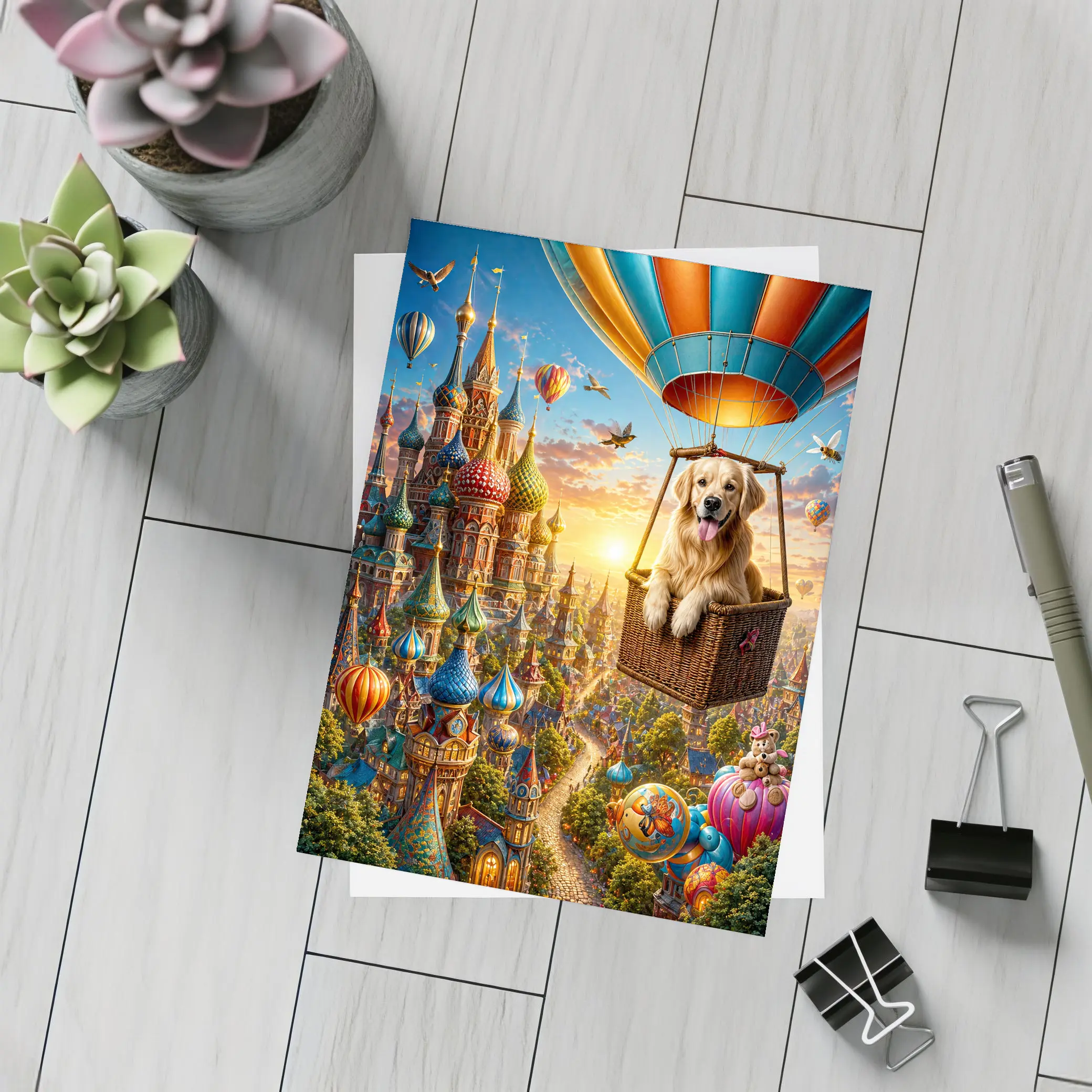 Golden Retriever Hot Air Balloon Fairytale City – Postcards