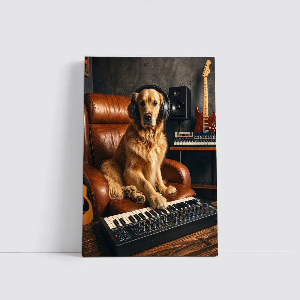 Golden Retriever DJ in Music Studio – Wall Art