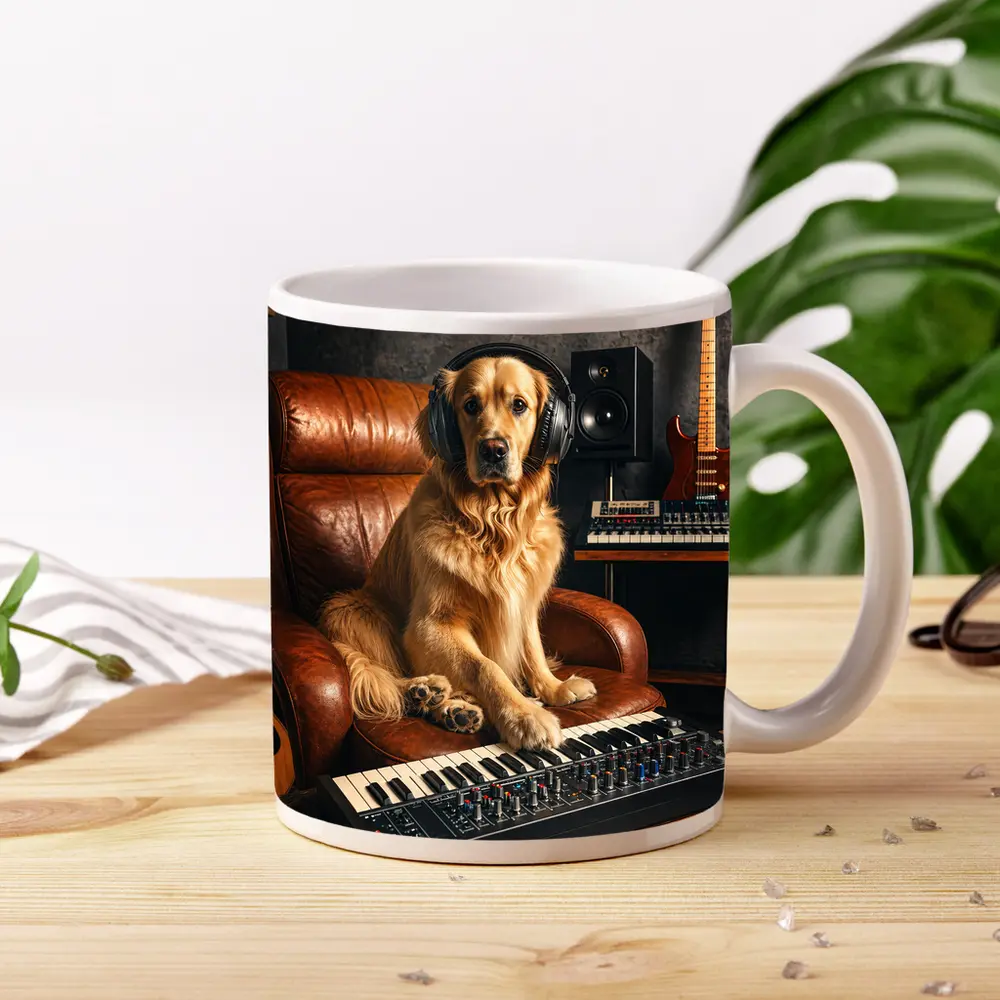 Golden Retriever DJ in Music Studio – Mugs