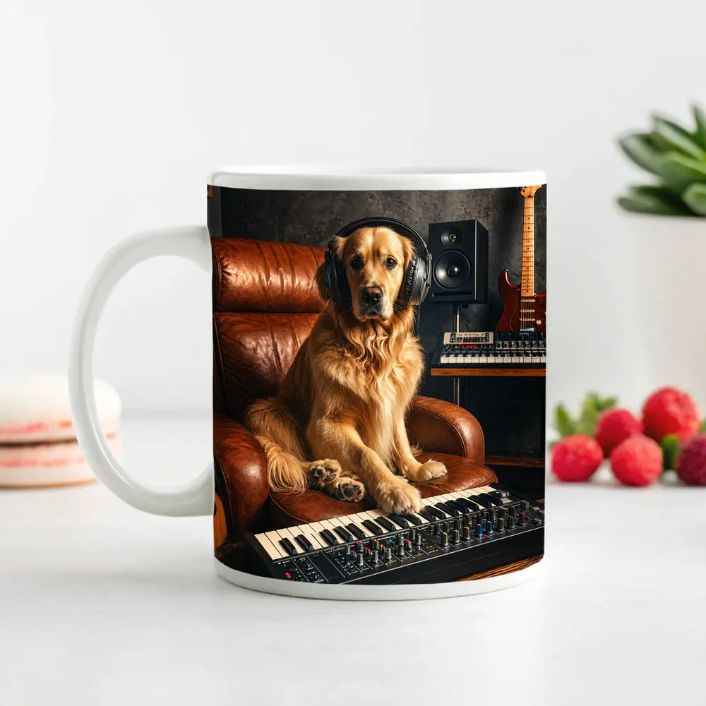 Golden Retriever DJ in Music Studio – Mugs