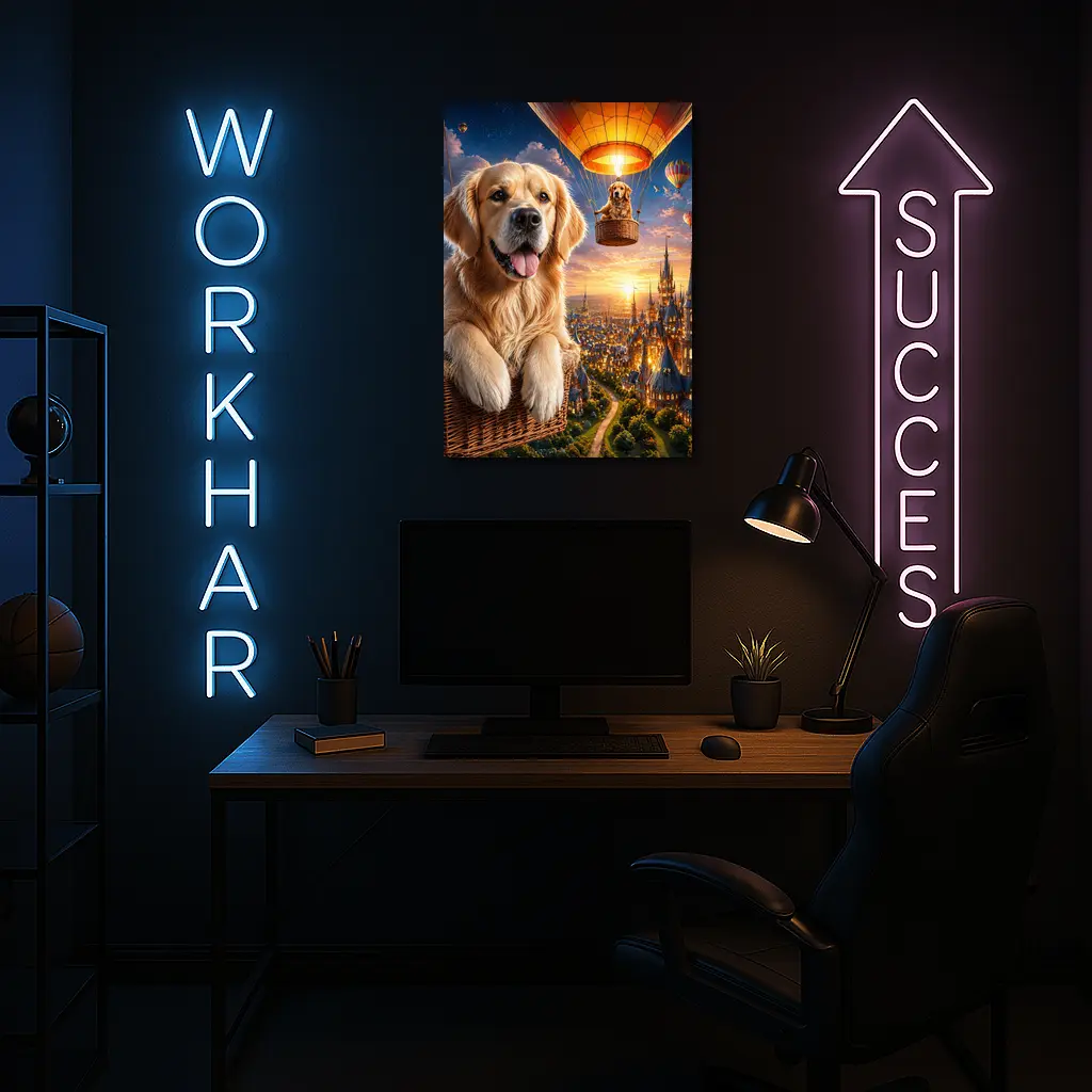 Golden Retriever Hot Air Balloon Fantasy City – Wall Art