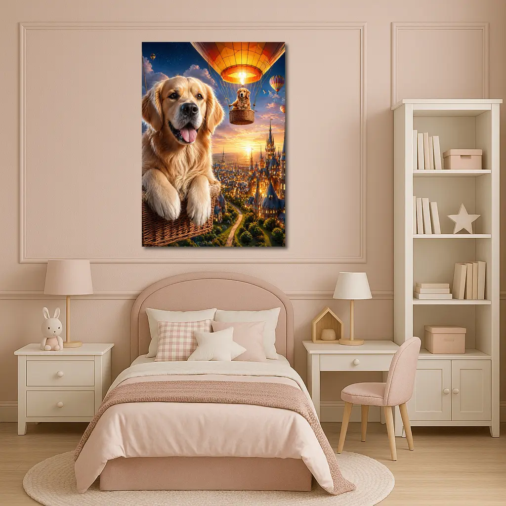 Golden Retriever Hot Air Balloon Fantasy City – Wall Art