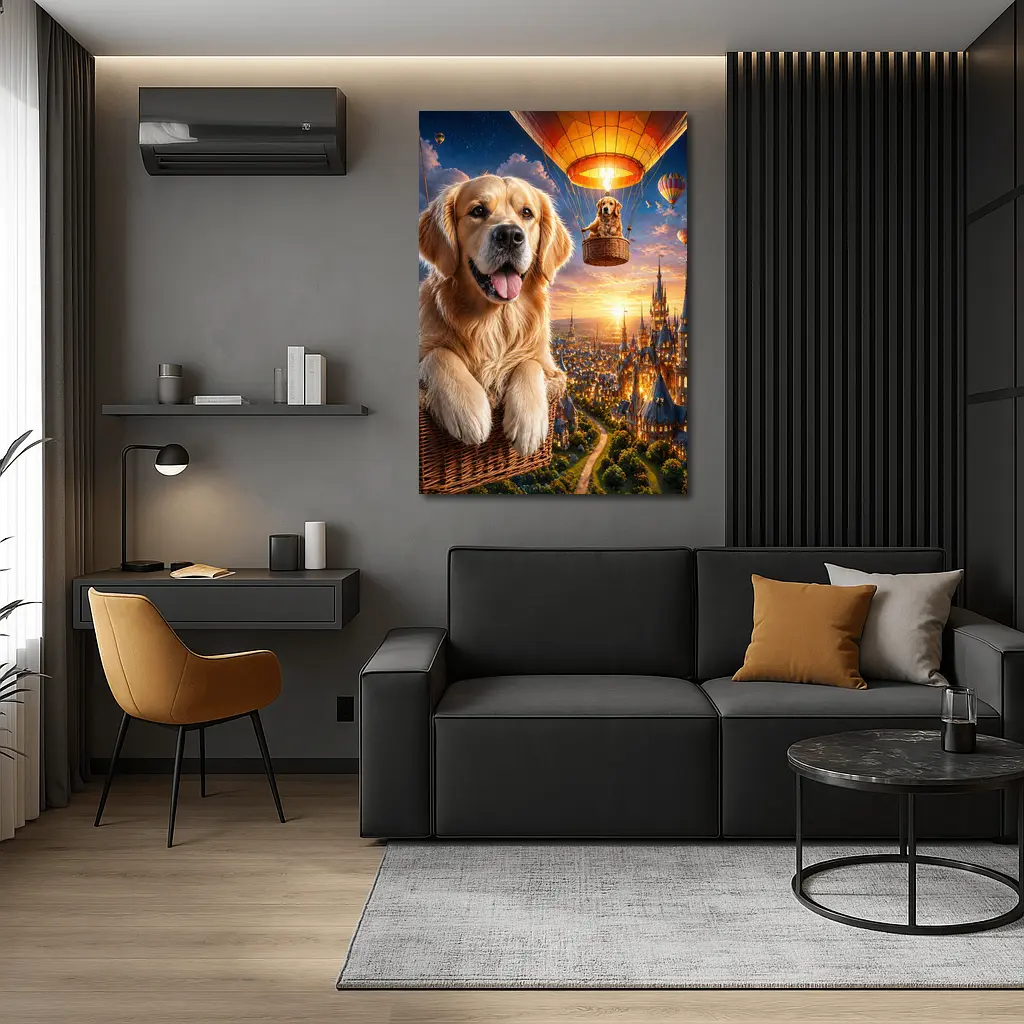 Golden Retriever Hot Air Balloon Fantasy City – Wall Art