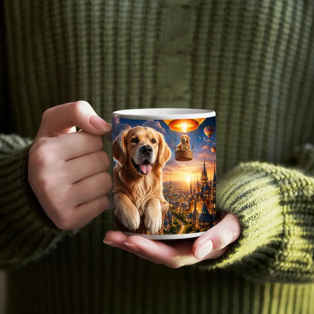 Golden Retriever Hot Air Balloon Fantasy City – Mugs