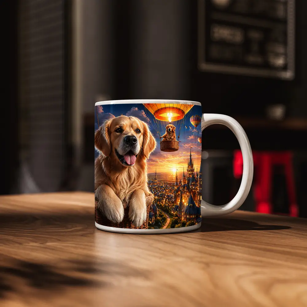 Golden Retriever Hot Air Balloon Fantasy City – Mugs