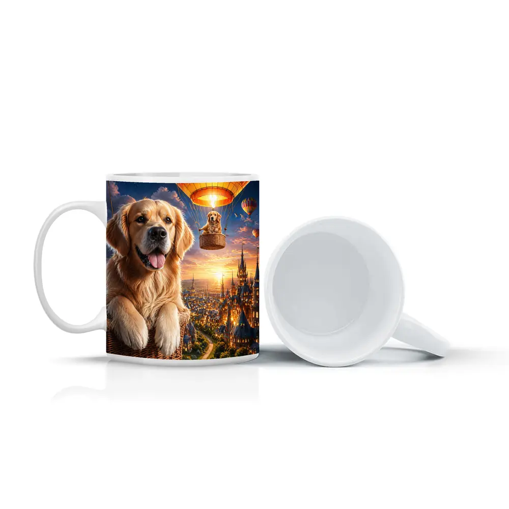 Golden Retriever Hot Air Balloon Fantasy City – Mugs