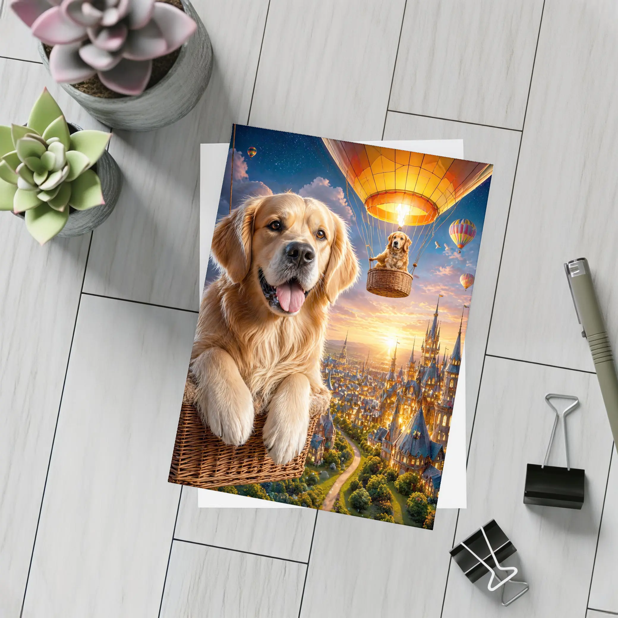 Golden Retriever Hot Air Balloon Fantasy City – Postcards