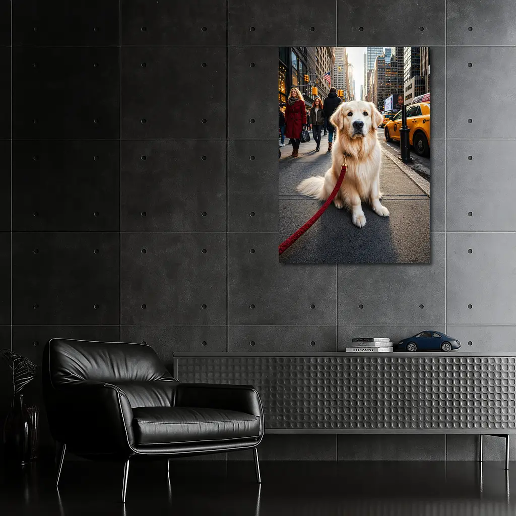 Golden Retriever Sitting on New York City Street – Wall Art