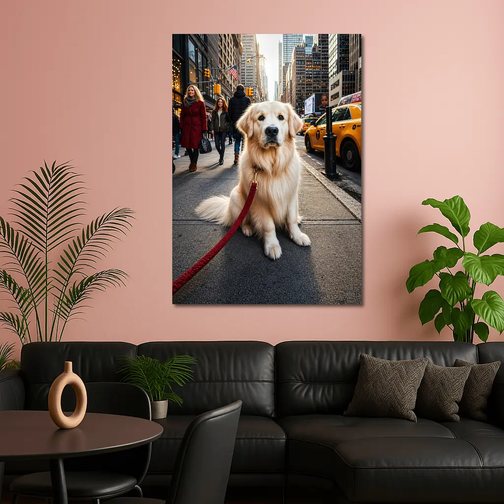 Golden Retriever Sitting on New York City Street – Wall Art