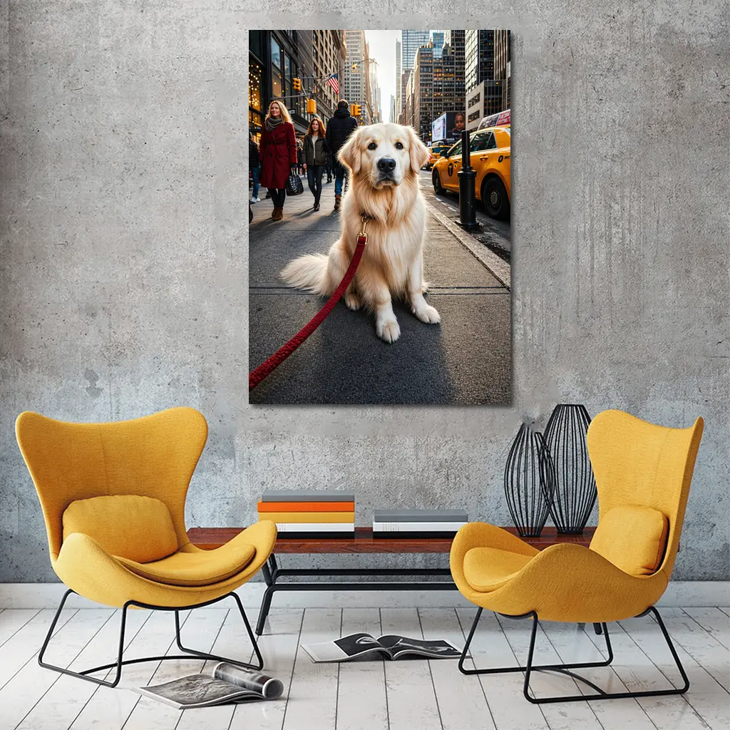 Golden Retriever Sitting on New York City Street – Wall Art