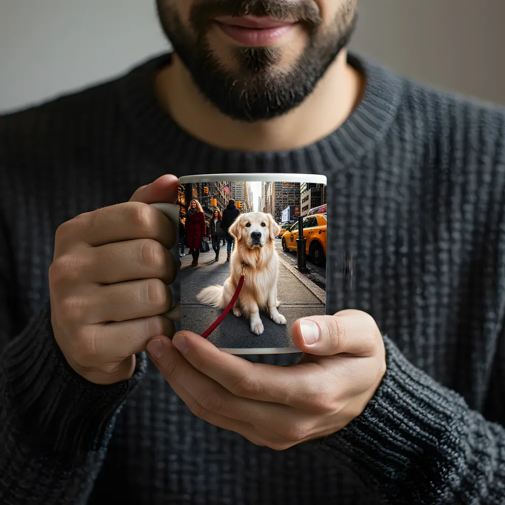 Golden Retriever Sitting on New York City Street – Mugs